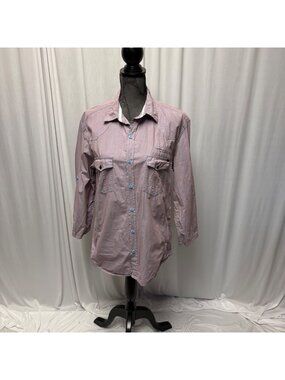 Diesel Button Up Shirt Womens Medium Purple Blue Striped Roll Tab Sleeve Casual